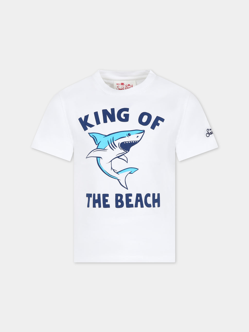 White t-shirt for boy with shark and writing